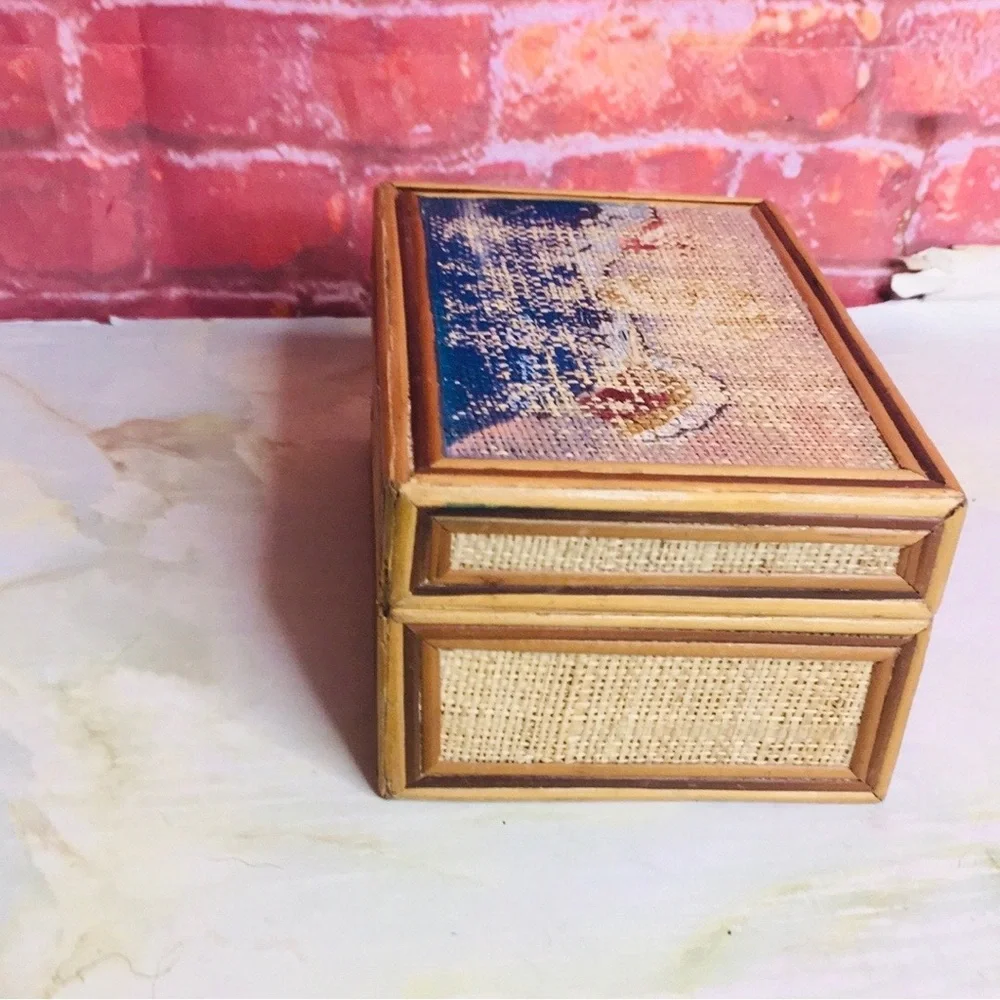 Vintage MCM Woven Rattan Bamboo Naitical Trinket Box